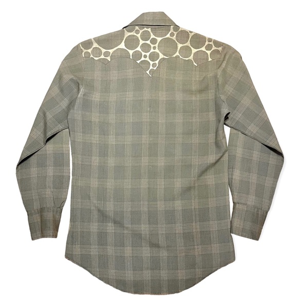 Khaki Pearl Snap Plaid Shirt With Gold Skull & Dots Sz S/M - Picture 9 of 16